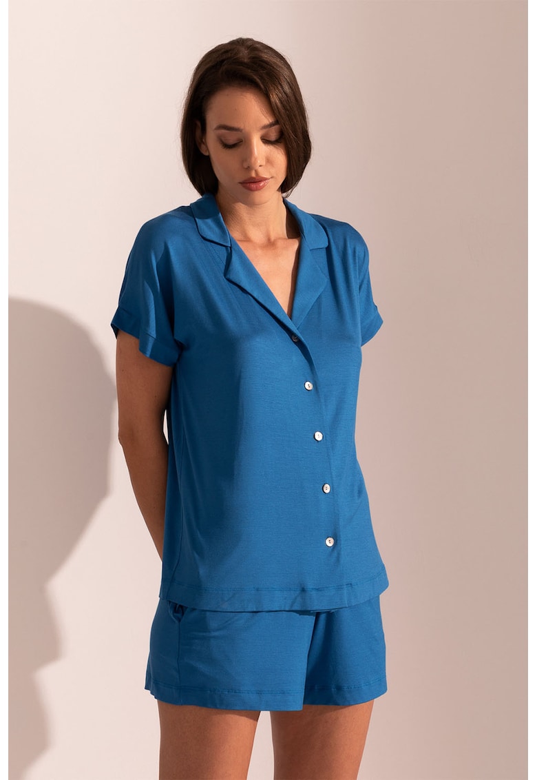 Oferte la Pijama din amestec de micromodal cu pantaloni scurti si revere decupate Cameron - Albastru inchis