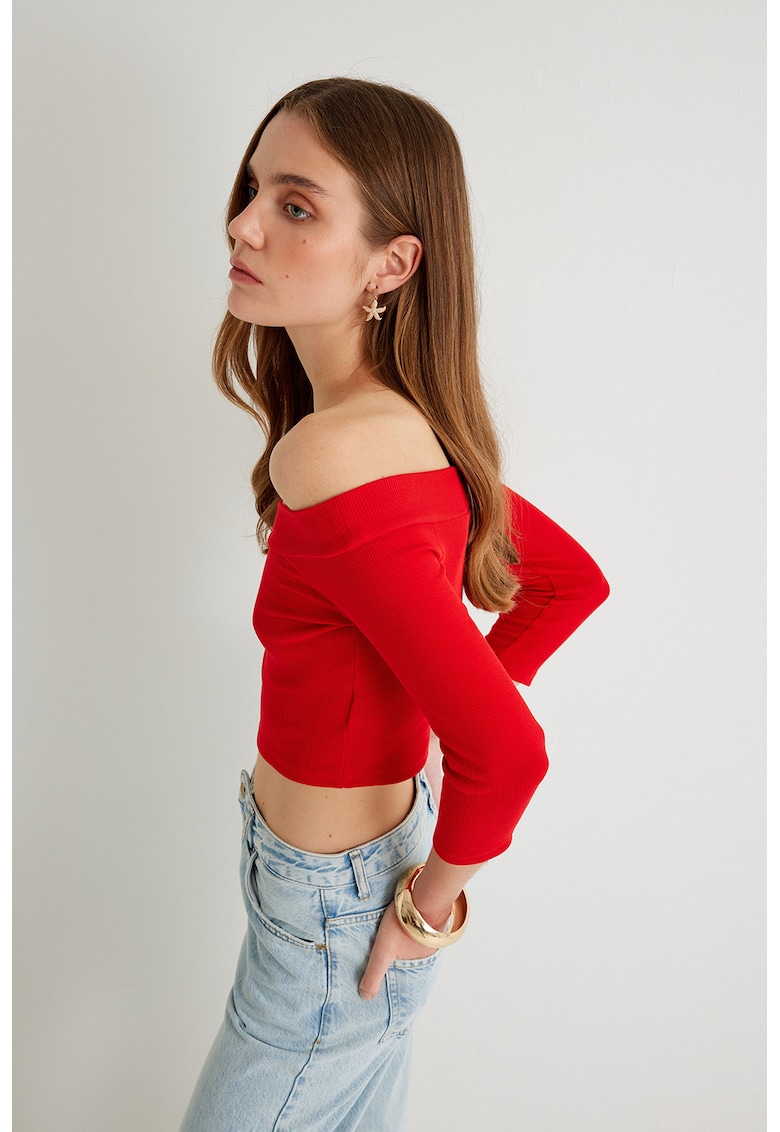 Oferte la Bluza striata cu decolteu pe umeri si maneci 3/4 - Rosu vermillion