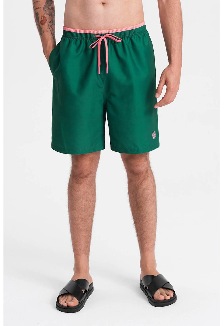 Oferte la Pantaloni scurti de baie cu model uni si snur de ajustare in talie - Verde englez