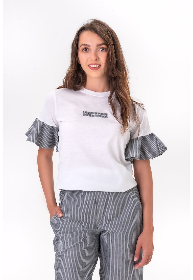 Oferte la Tricou supradimensionat cu maneci cu volane - Alb/Gri
