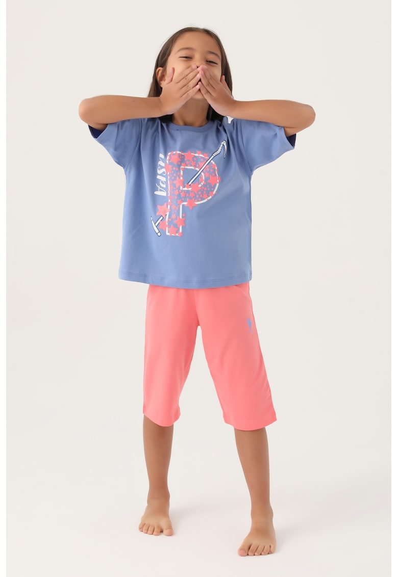 Oferte la Pijama cu imprimeu si maneci cazute - Albastru lavanda/Roz