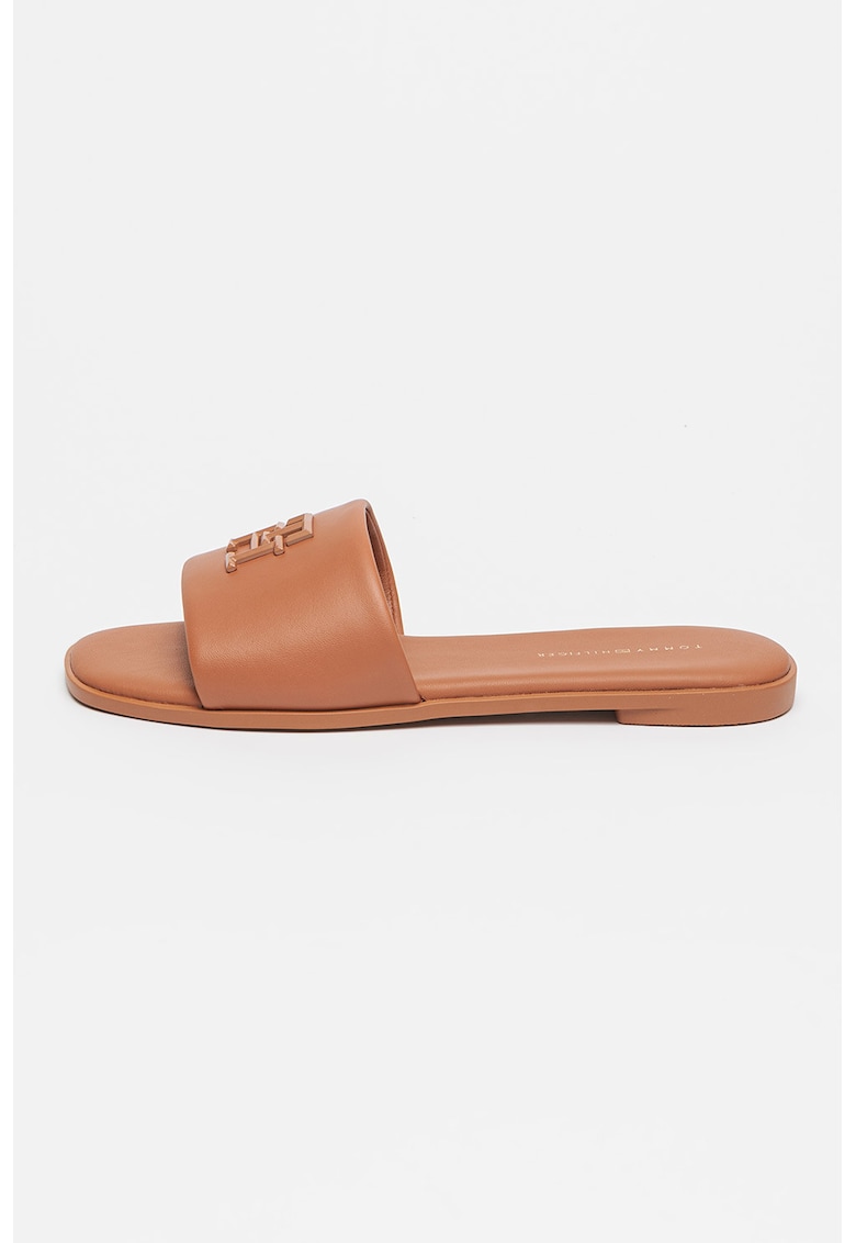 Oferte la Papuci din piele cu logo metalic - Maro scortisoara