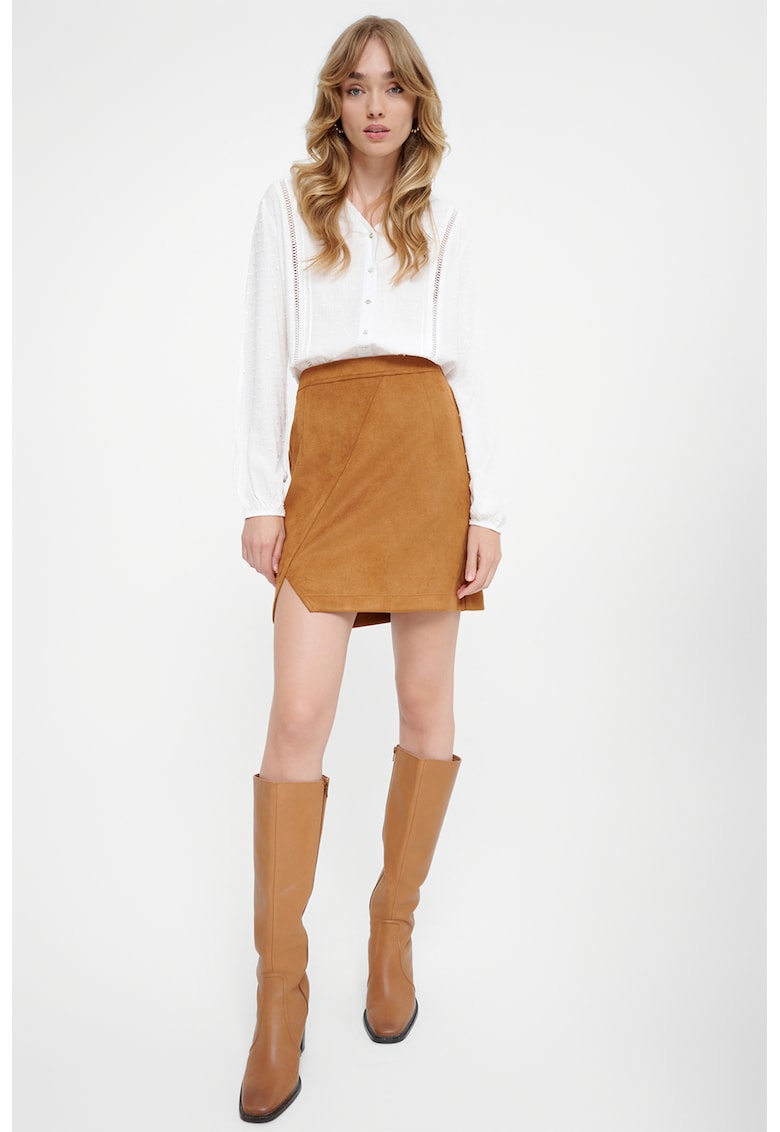 Oferte la Fusta cu talie inalta si slit lateral - Caramel