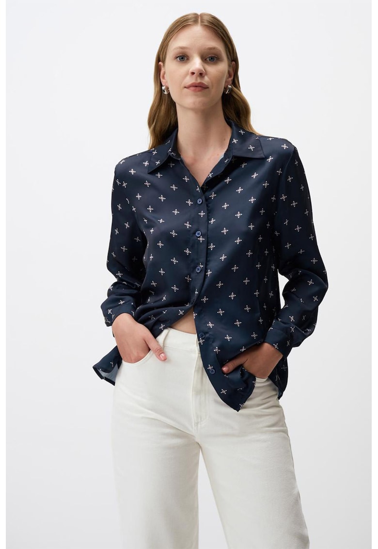 Oferte la Camasa cu model si aspect de satin - Alb/Bleumarin