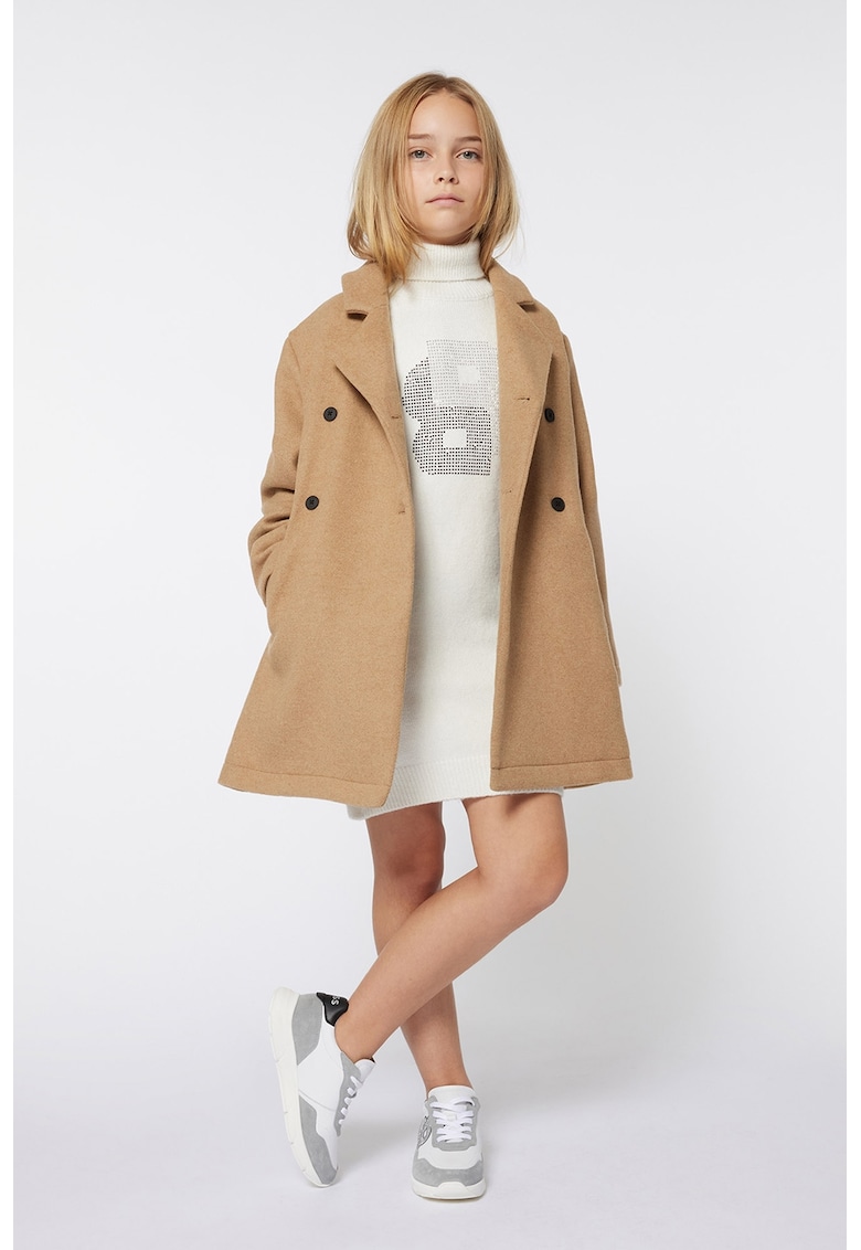 Oferte la Rochie tricotata cu croiala dreapta - guler inalt si logo cu strasuri - Alb