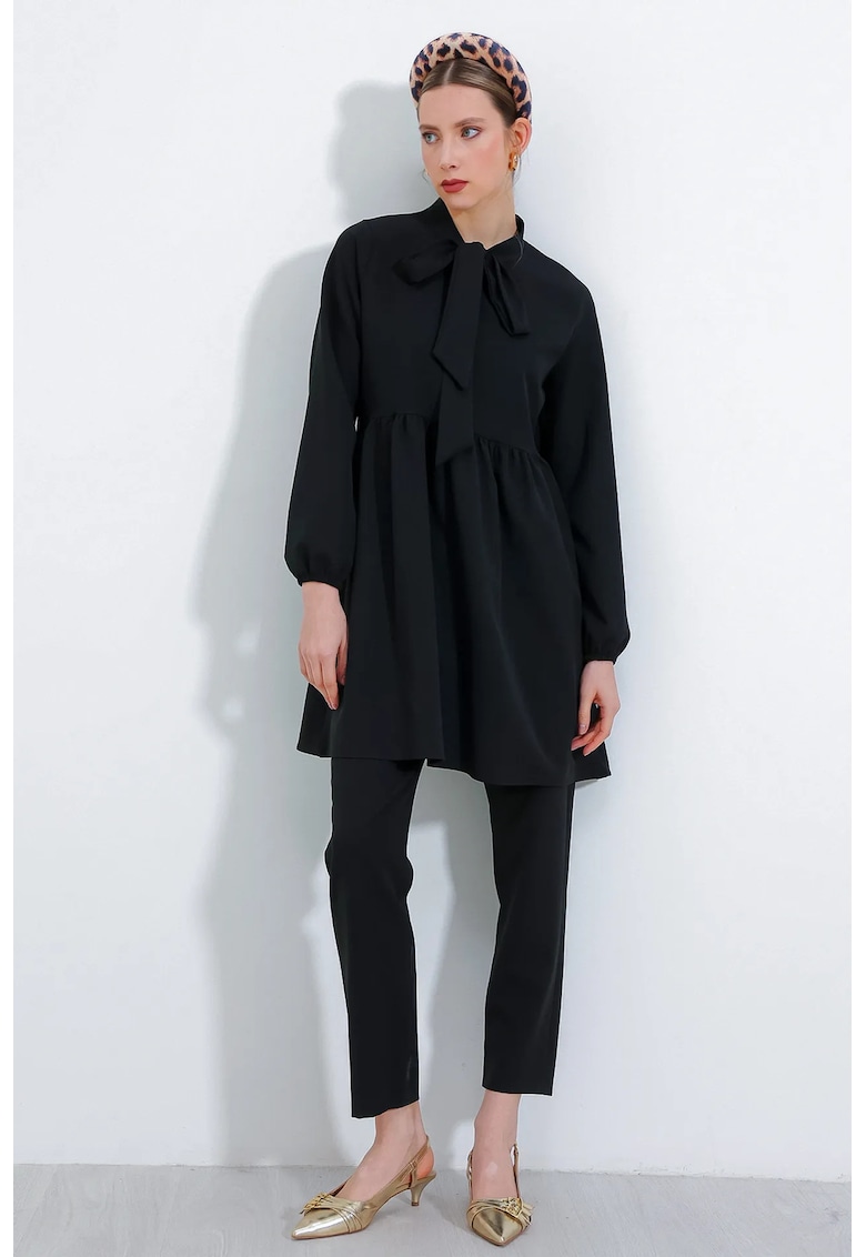 Oferte la Set doua piese - HiCCUP - tunica lunga si pantaloni - guler clasic - negru - poliester