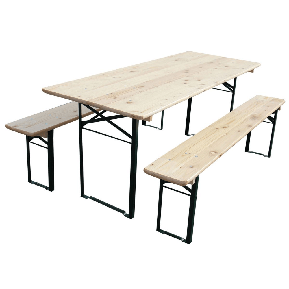 Oferte la Set masa pliabila si 2 banci Bucin Mob Standard, dreptunghiulare, lemn masiv rasinoase, natur, 2.2 x 0.5 m