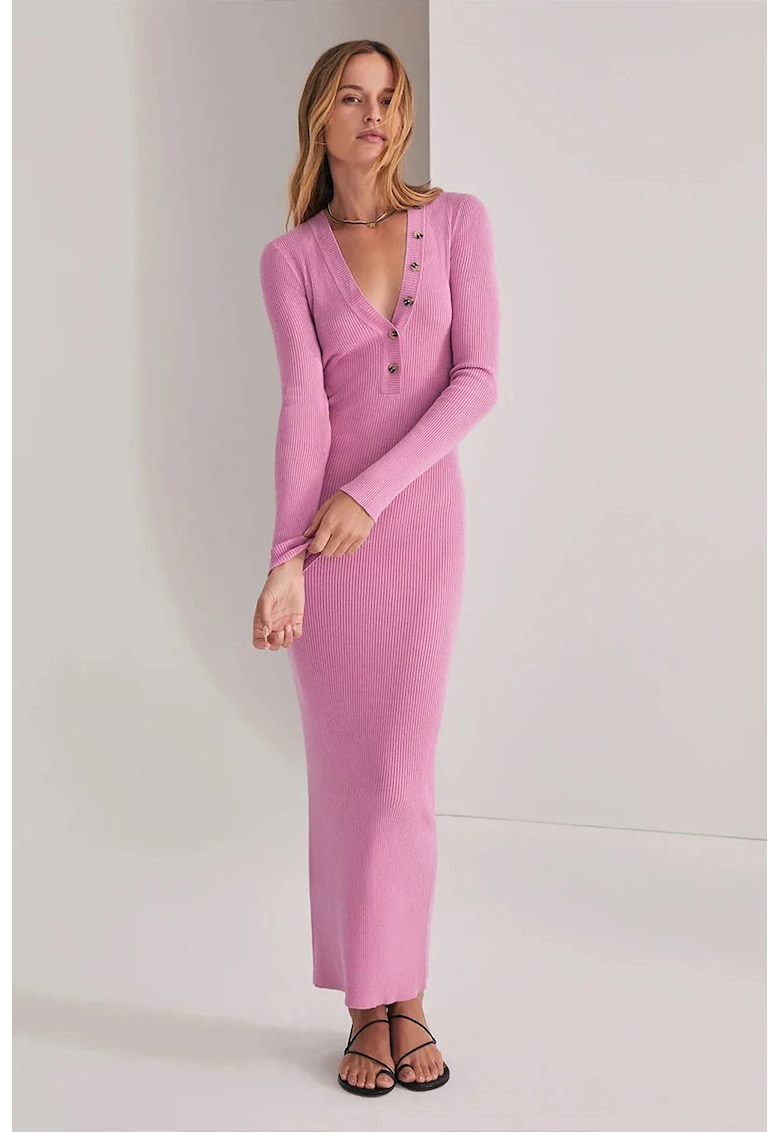 Oferte la Rochie lunga din tricot cu maneci lungi si detalii din nasturi - Roz