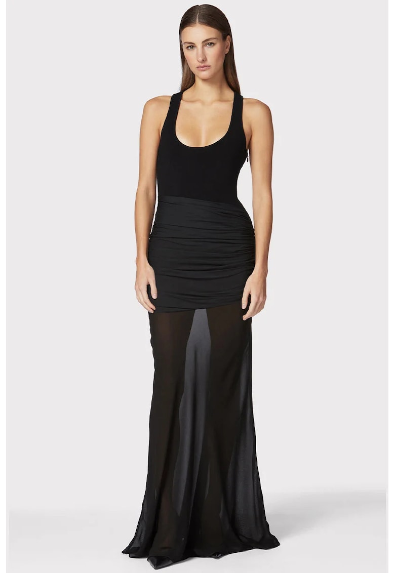 Oferte la Rochie lunga - accentuata de o fusta semitransparenta si detalii drapate pe talie - Negru