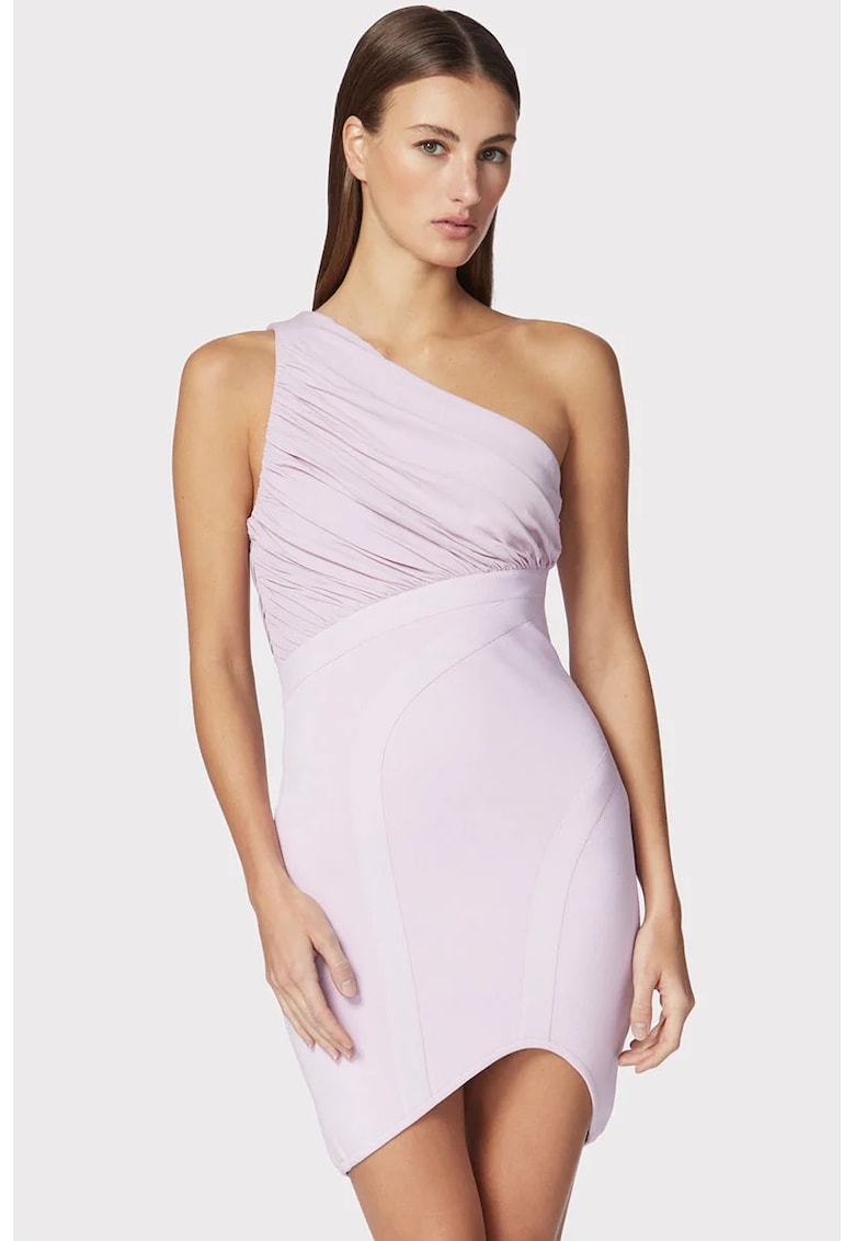 Oferte la Rochie mini asimetrica - cu umarul gol si drapaj pe piept - Roz