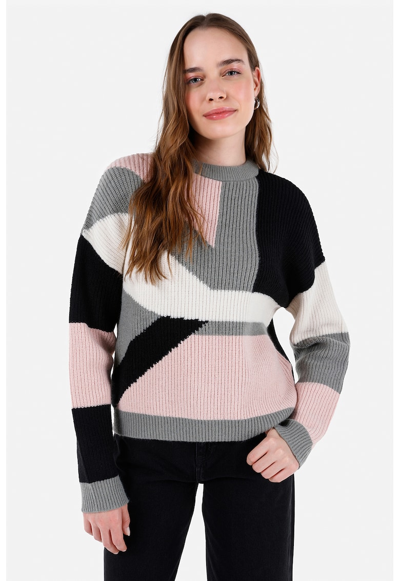 Oferte la Pulover cu decolteu la baza gatului si model colorblock - Multicolor