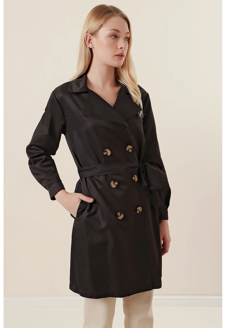 Oferte la Palton dama - HiCCUP - cu doua randuri de nasturi - negru - textil