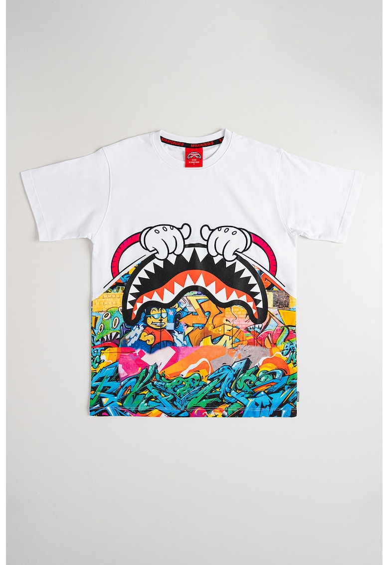 Oferte la Tricou cu decolteu la baza gatului si imprimeu grafic - Alb/Multicolor