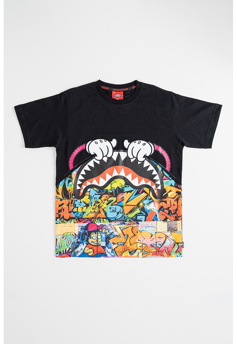 Oferte la Tricou cu decolteu la baza gatului si imprimeu grafic - Negru/Multicolor