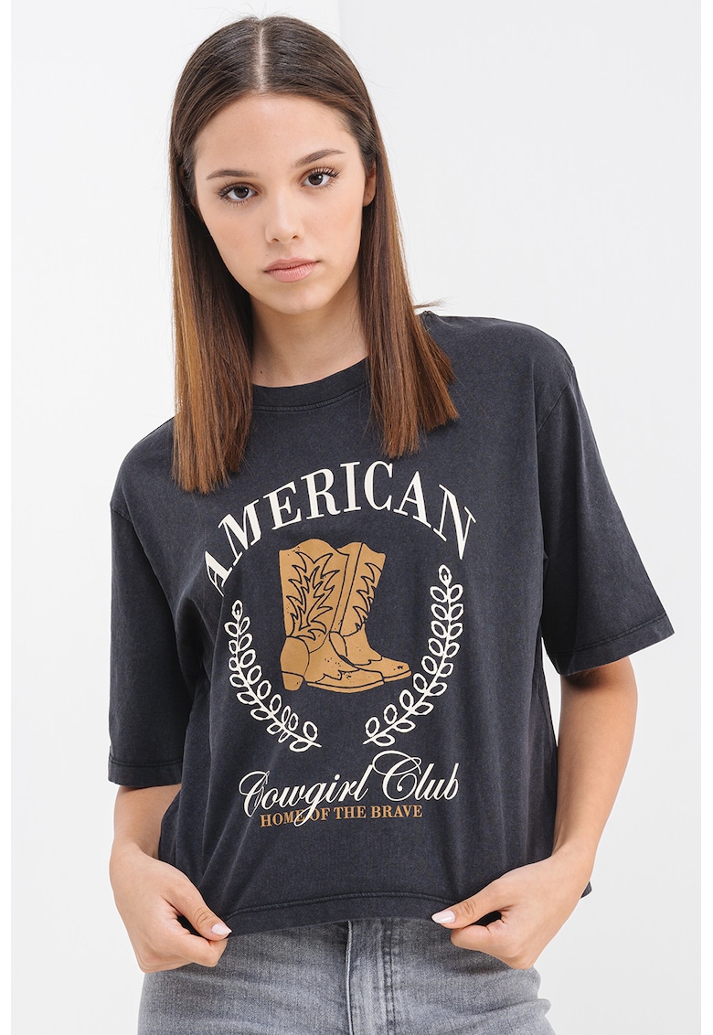 Oferte la Tricou crop cu imprimeu - Negru stins/Caramel/Alb murdar