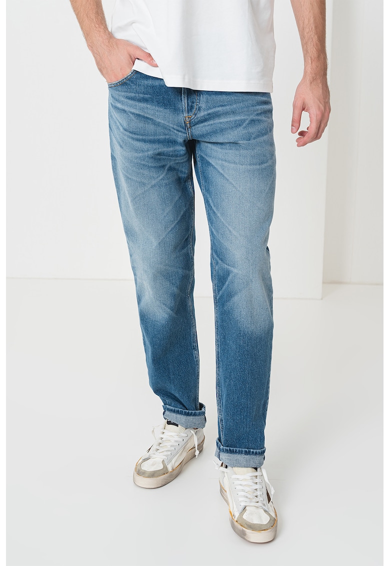 Oferte la Blugi uni de bumbac cu nasturi - Albastru melange