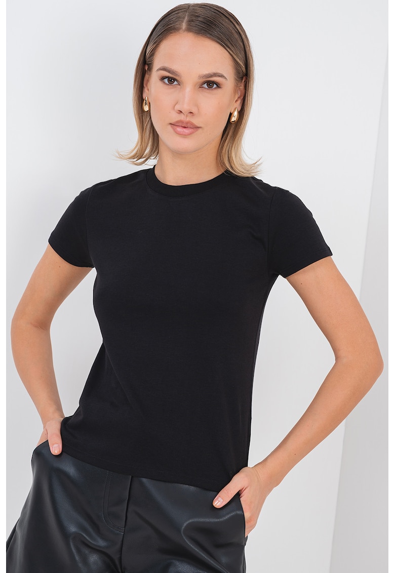 Tricou de bumbac cu decolteu la baza gatului - Negru