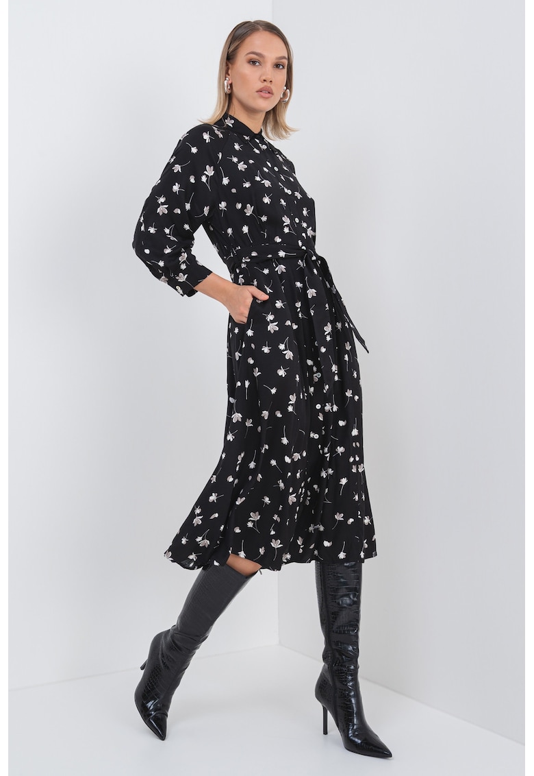Oferte la Rochie midi cu model floral si maneci trei sferturi - Negru/Grej