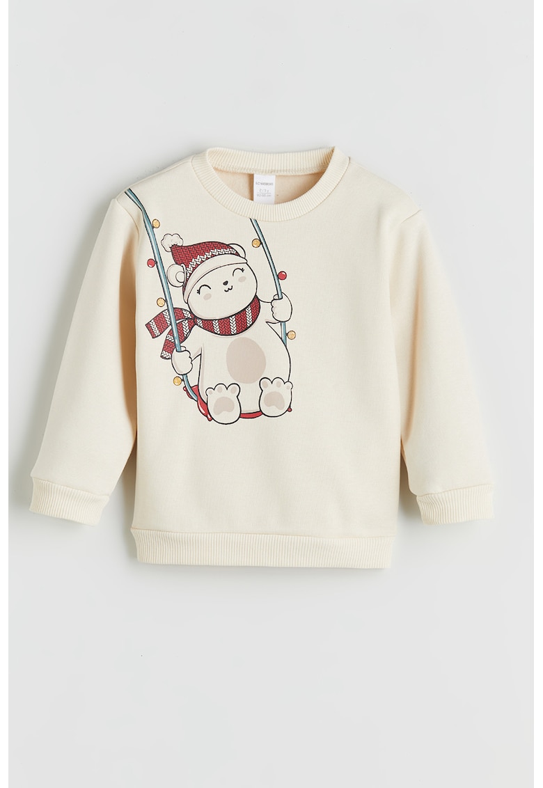 Oferte la Bluza de trening cu decolteu la baza gatului si imprimeu grafic - Visiniu/Bej deschis