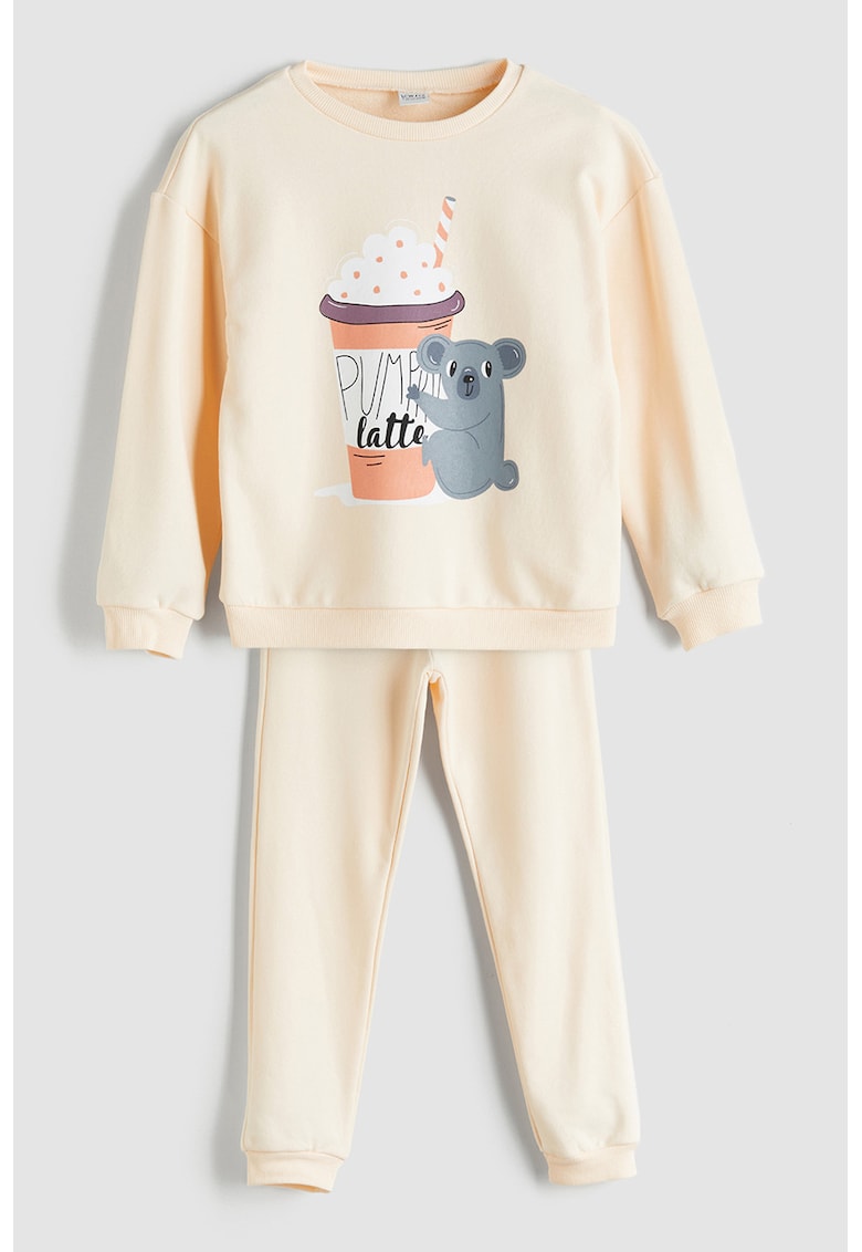 Oferte la Pijama cu model grafic si pantaloni lungi - Gri/Portocaliu pal