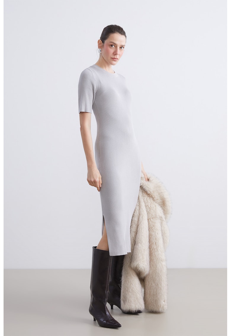 Oferte la Rochie midi striata cu maneci scurte si slituri laterale - Gri inchis