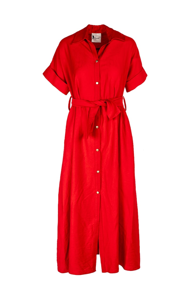 Oferte la Rochie camasa midi cu buzunare si cordon - Rosu