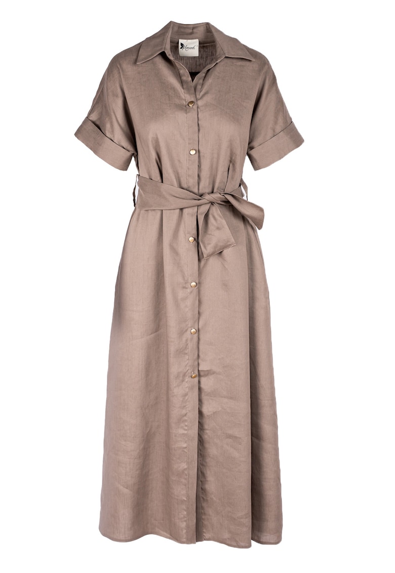 Oferte la Rochie camasa midi cu buzunare si cordon - Maro