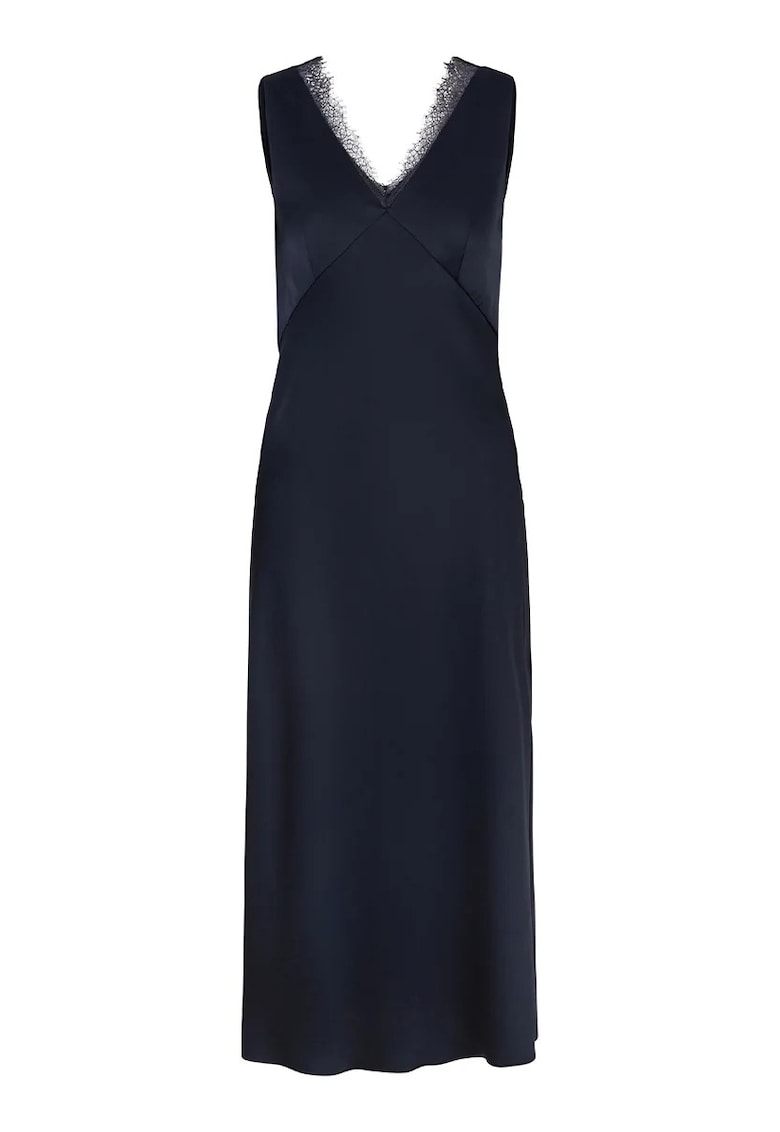 Oferte la Rochie midi fara maneci cu decolteu in V si detalii tip dantela - Albastru inchis