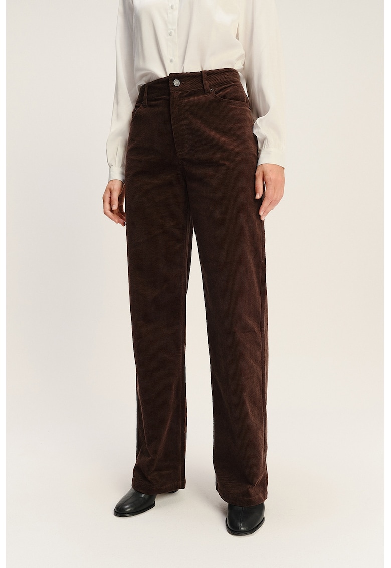 Oferte la Pantaloni din reiat si talie inalta - Maro inchis