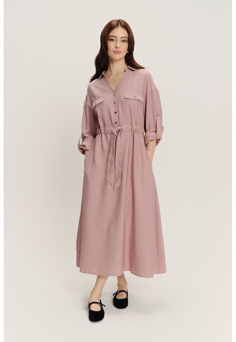 Oferte la Rochie cu talie ajustabila si maneci lungi - Roz prafuit