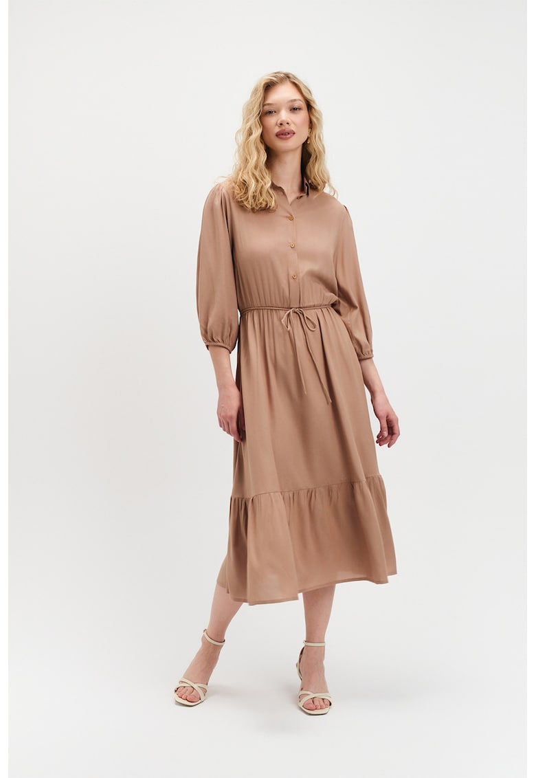 Oferte la Rochie midi cu maneci bufante - Maro deschis