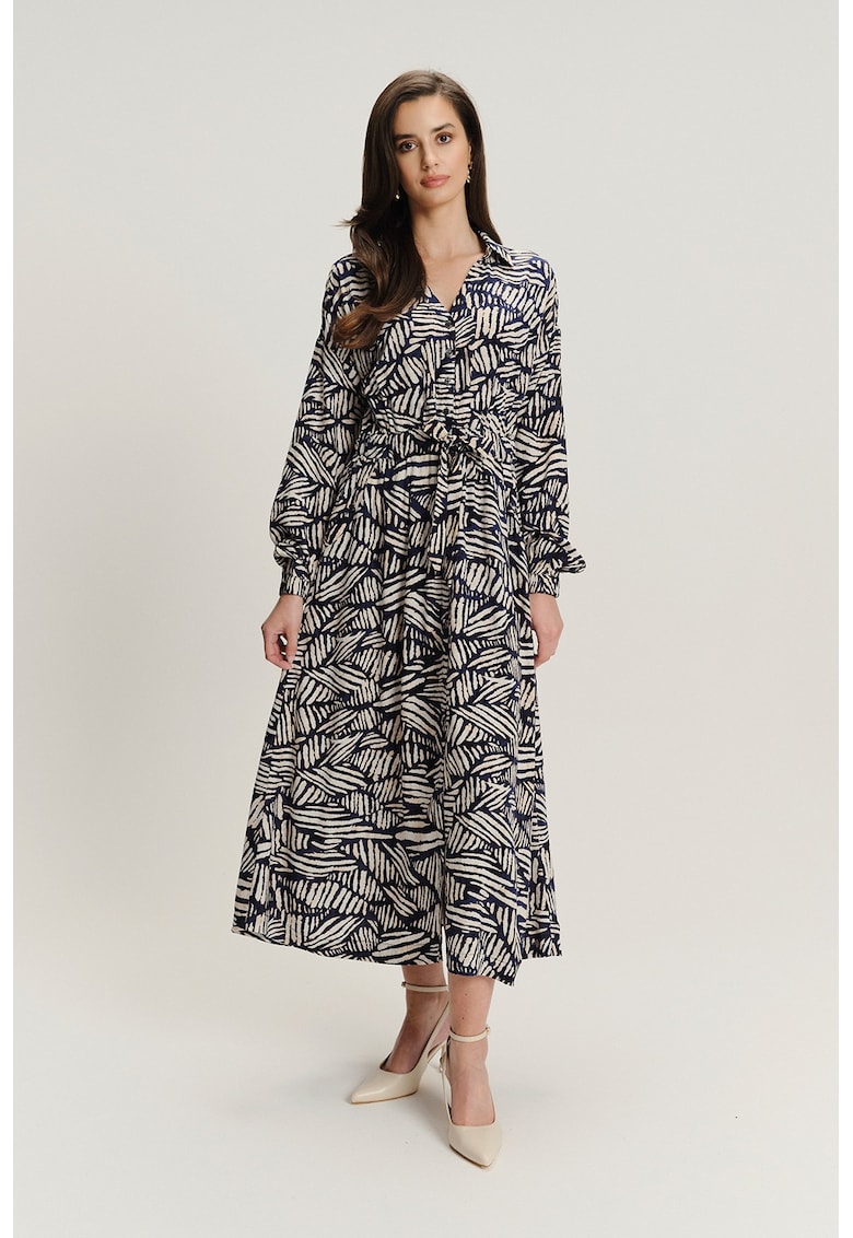 Oferte la Rochie-camasa din amestec de modal si model - Alb fildes/Albastru inchis
