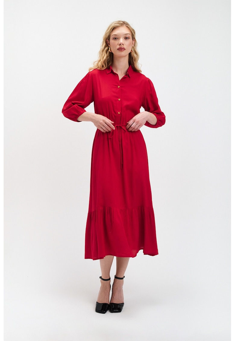 Oferte la Rochie midi cu maneci bufante - Rosu