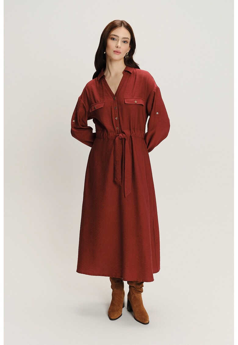 Oferte la Rochie cu talie ajustabila si maneci lungi - Rosu inchis