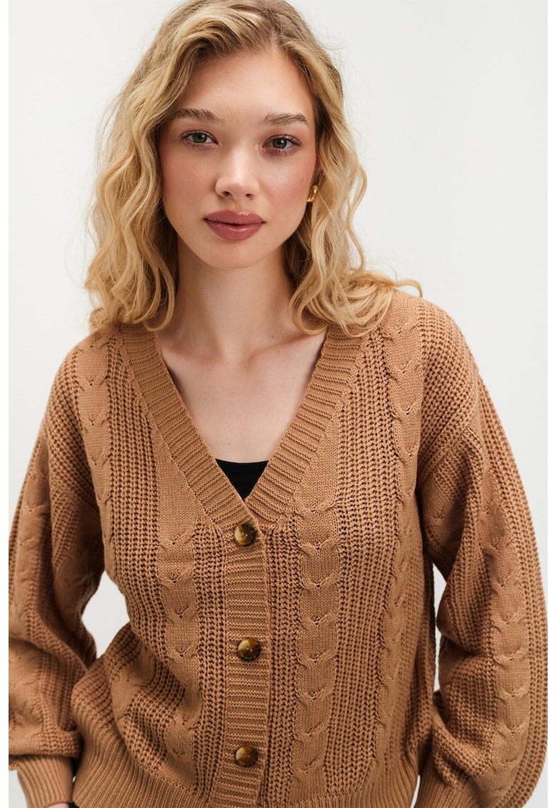 Oferte la Cardigan cu decolteu in V si nasturi - Maro deschis