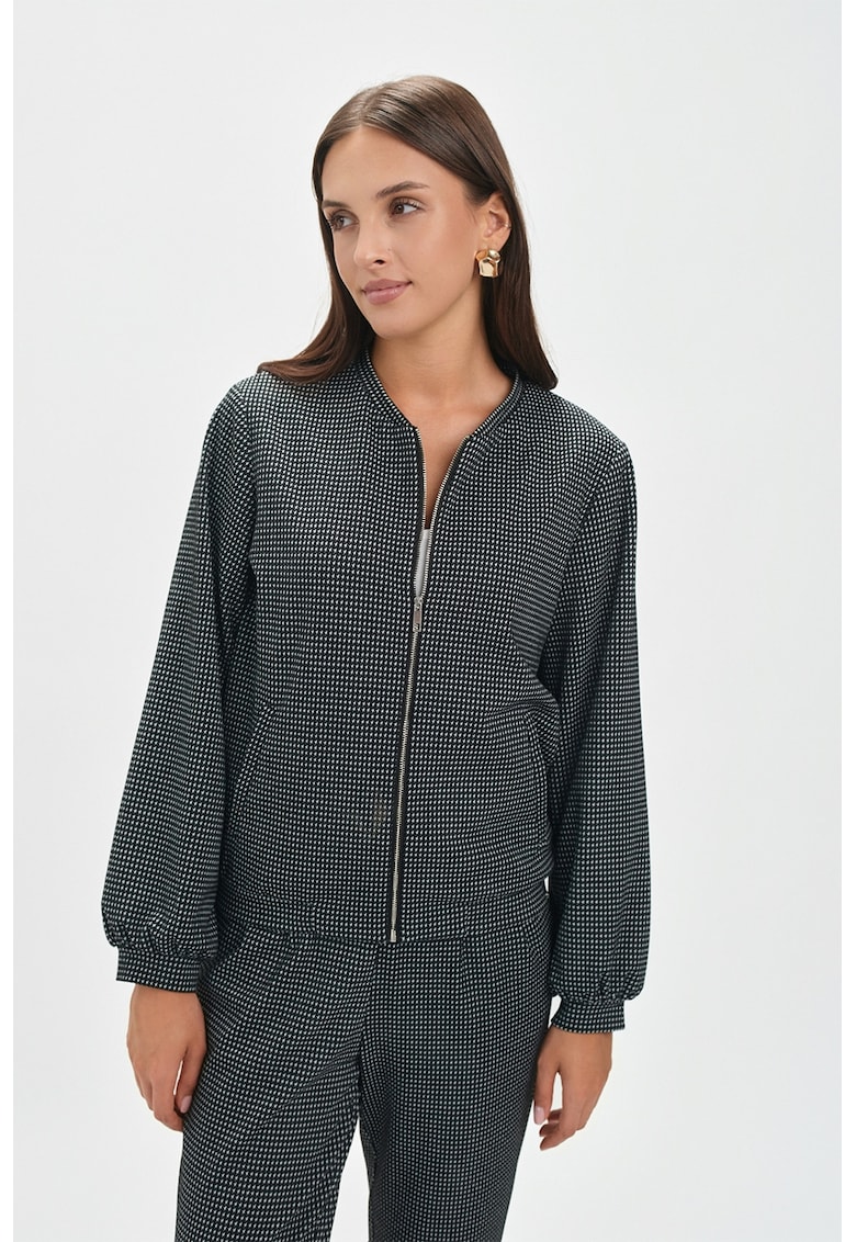 Oferte la Jacheta bomber cu model in carouri si fermoar - Alb/Negru