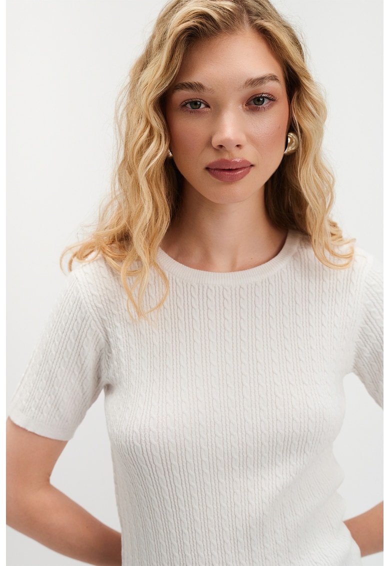 Oferte la Pulover cu model torsade si maneci scurte - Alb murdar