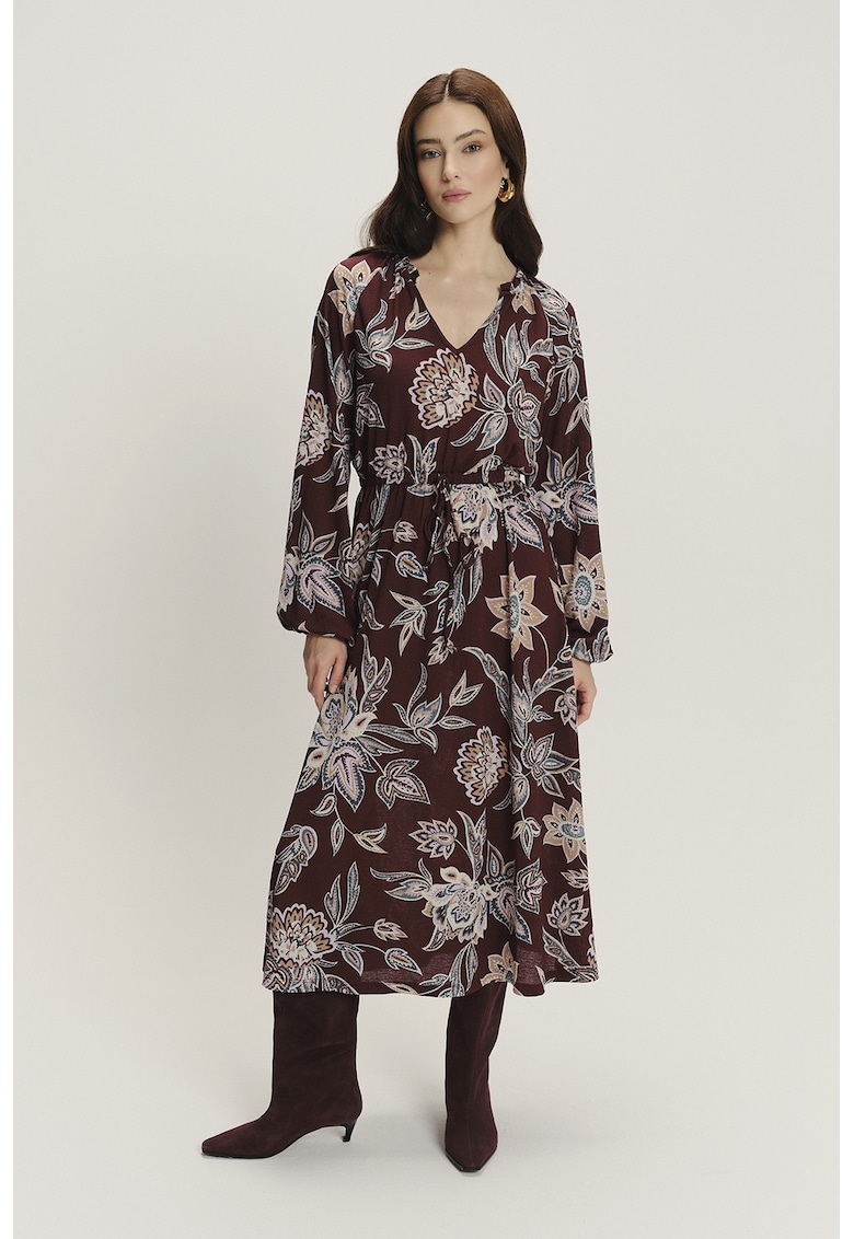 Oferte la Rochie cu talie ajustabila si model - Visiniu/Albastru lavanda/Bej