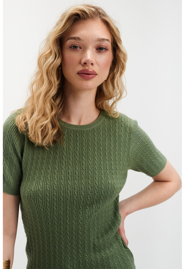 Oferte la Pulover cu model torsade si maneci scurte - Verde sparanghel