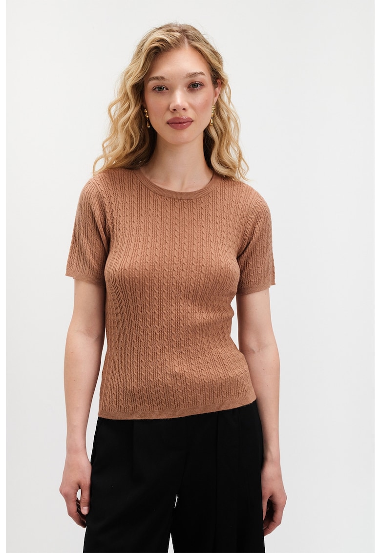 Oferte la Pulover cu model torsade si maneci scurte - Maro deschis
