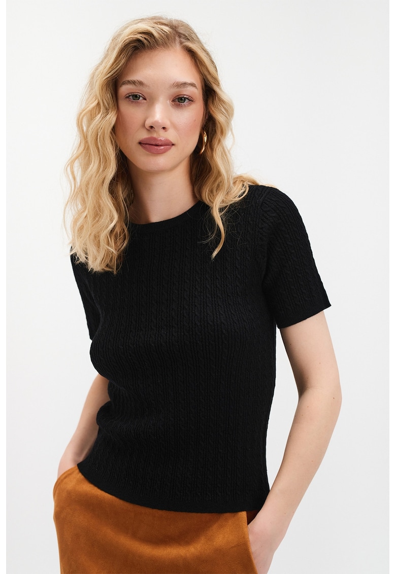 Oferte la Pulover cu model torsade si maneci scurte - Negru