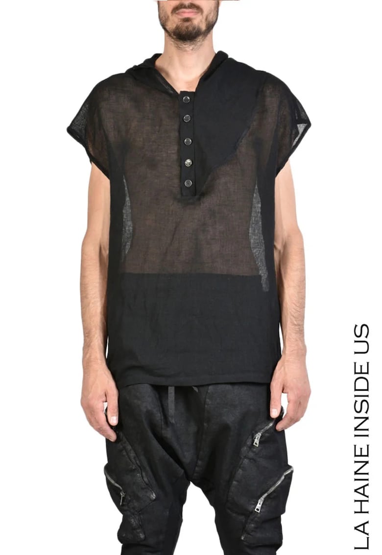 Oferte la Tricou de vară ușor transparent asimetric fără mâneci - Negru