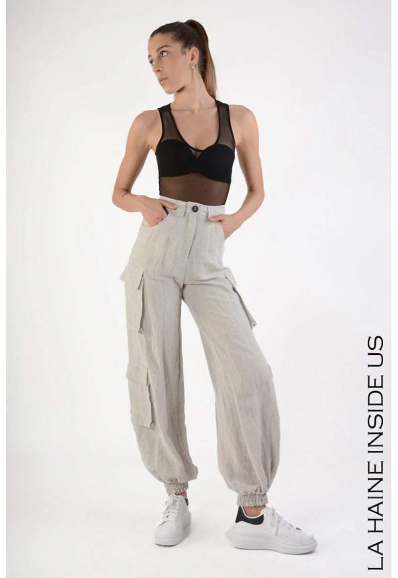 Oferte la  -Pantaloni cargo supradimensionați cu talie înaltă și elastic la gleznă - Bej