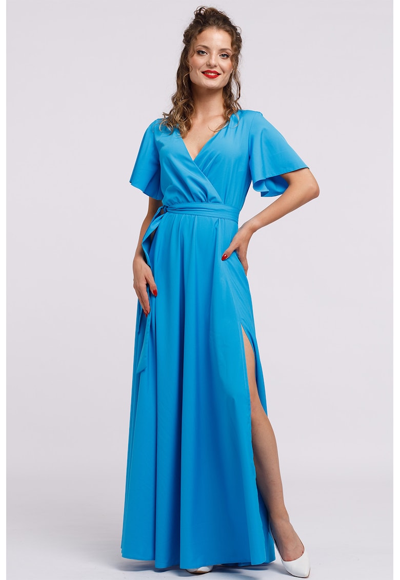 Oferte la Rochie lunga evazata cu slit lateral la terminatie - Albastru azur