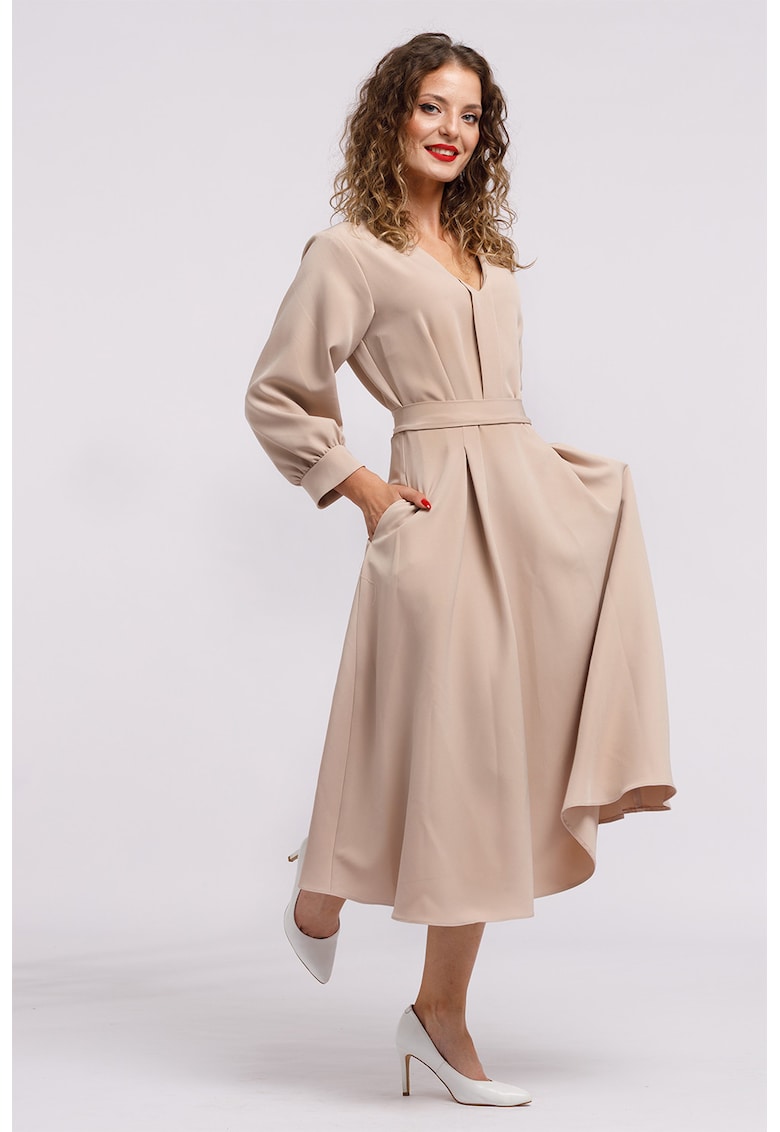 Oferte la Rochie midi cu croiala in A si buzunare - Maro nisip