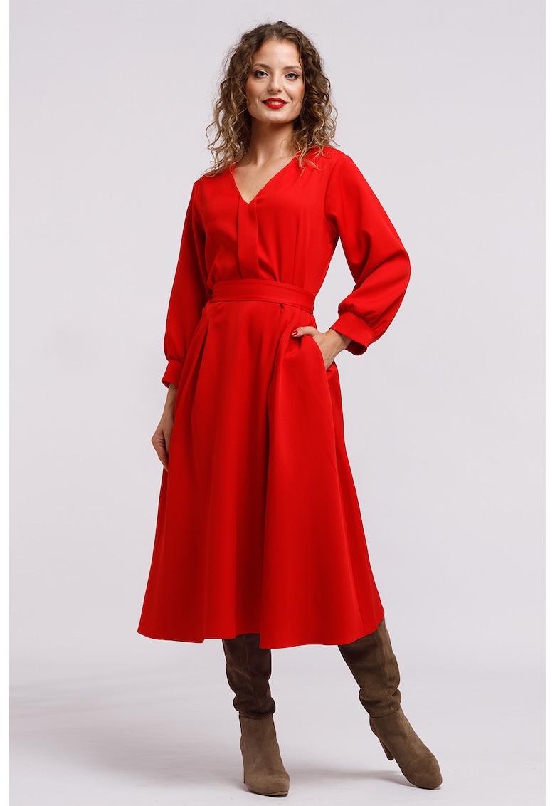 Oferte la Rochie midi cu croiala in A si buzunare - Rosu