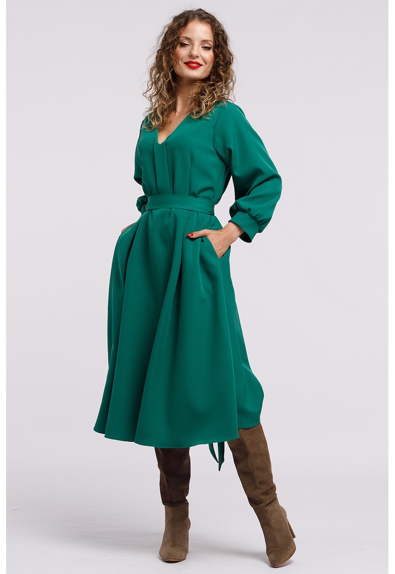 Oferte la Rochie midi cu croiala in A si buzunare - Verde aquamarin