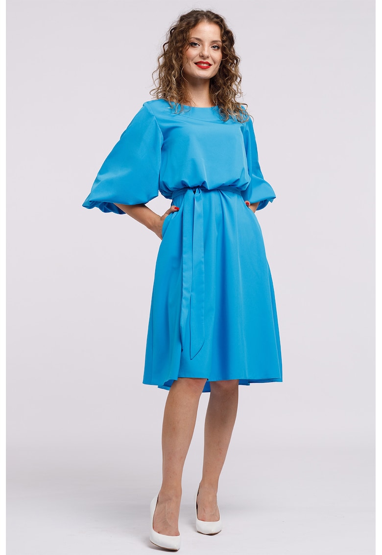Oferte la Rochie midi evazata cu cordon - Albastru azur