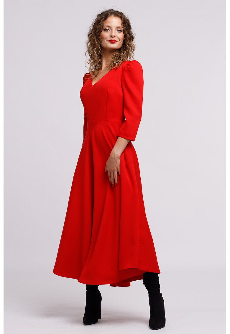 Oferte la Rochie cu croiala in A si maneci bufante - Rosu