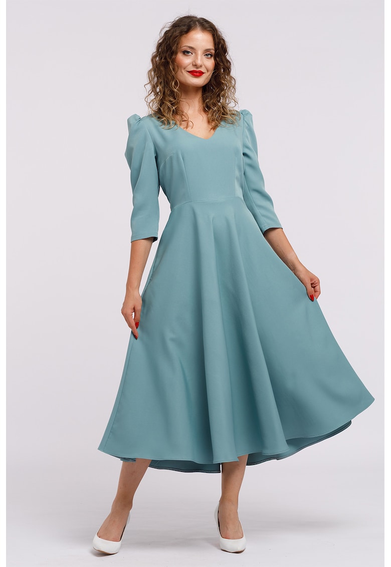 Oferte la Rochie cu croiala in A si maneci bufante - Albastru petrol